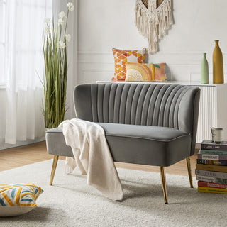 Velvet Tufted Loveseat Sofa With Golden Base, Gray