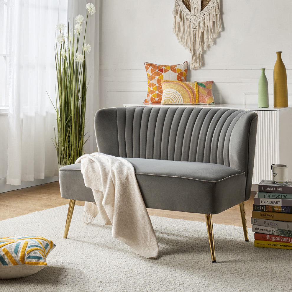 Velvet Tufted Loveseat Sofa With Golden Base, Gray