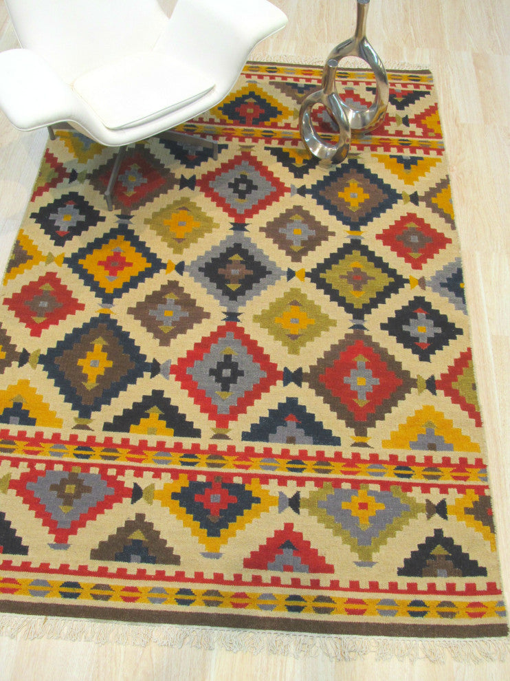 Handwoven Wool Ivory Traditional Geometric Kilim Rug, 8'x10'
