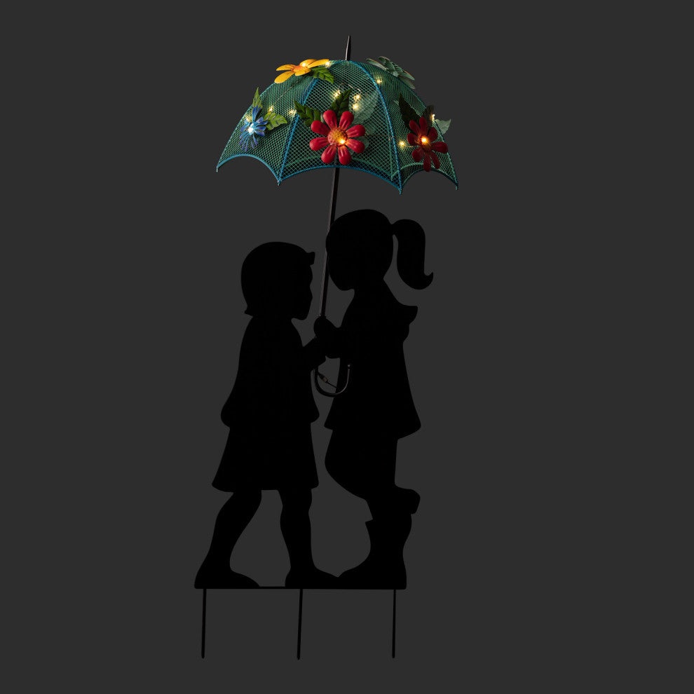 Alpine Solar Boy and Girl With Umbrella Decor and Stake, 39"Tall