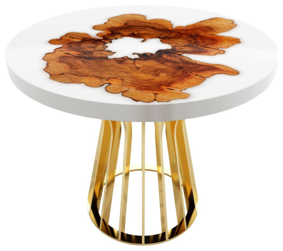 Cross-Cut Olive Wood Round Table, White Top and Gold Base, 2 Seater