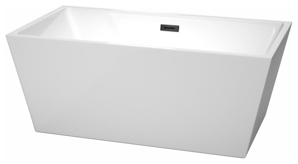 Sara 59" Freestanding White Bathtub, Matte Black Drain and Overflow Trim