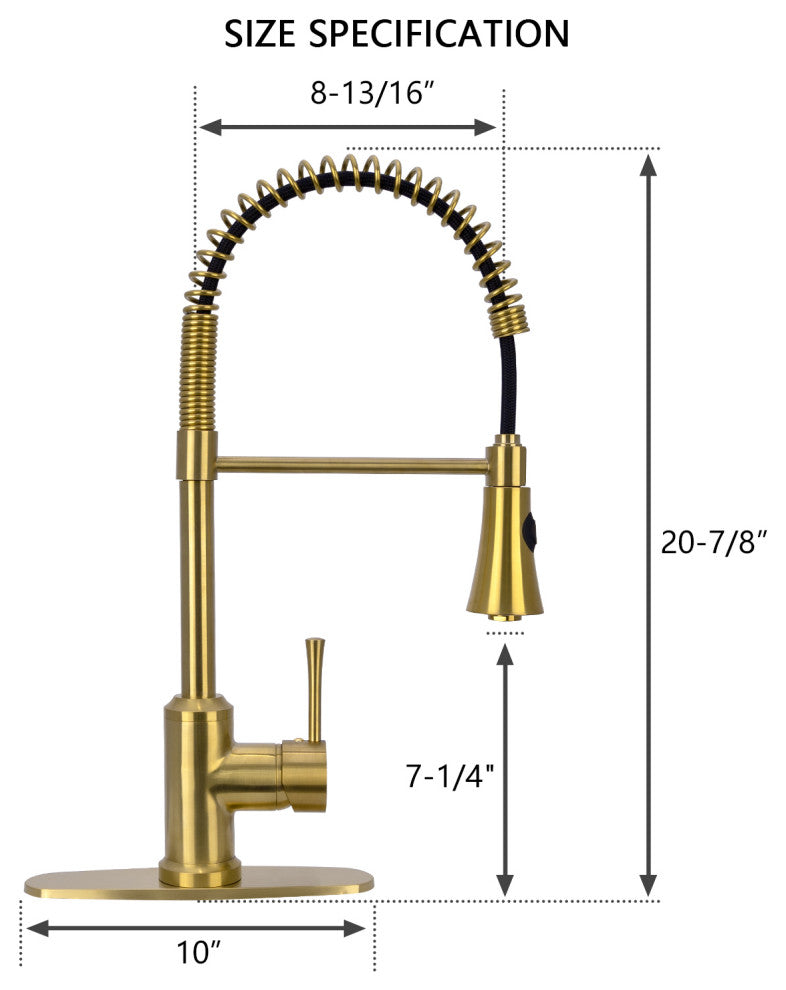 Copper Pre-Rinse Spring Kitchen Faucet with Pull Down Sprayer, Brushed Gold