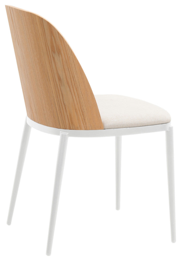 LeisureMod Tule Dining Chair With Upholstered Seat and White Steel Frame, Natural Wood/Beige