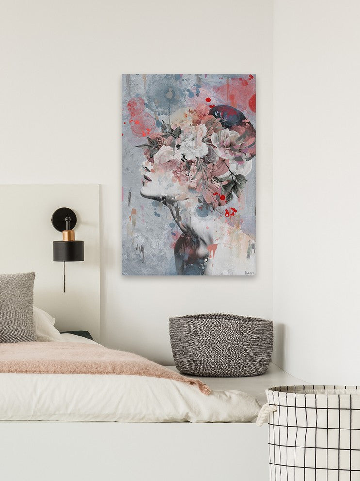 "Pink Flower Face" Painting Print on Wrapped Canvas, 16"x24"