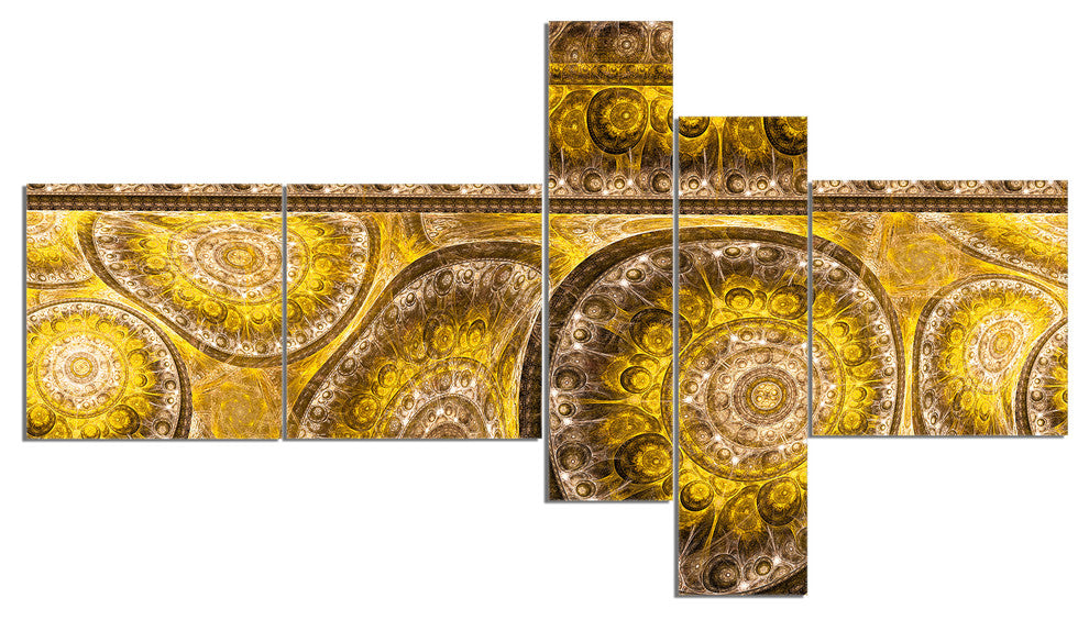 Golden Extraterrestrial Life Cells, Floral Canvas Art Print, 60"x32", 5 panels
