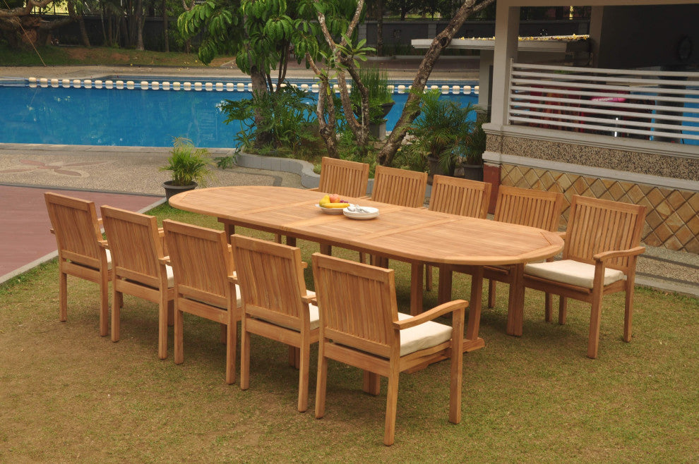 11-Piece Outdoor Teak Dining Set: 117" Masc Oval Table, 10 Leveb Stacking Chairs