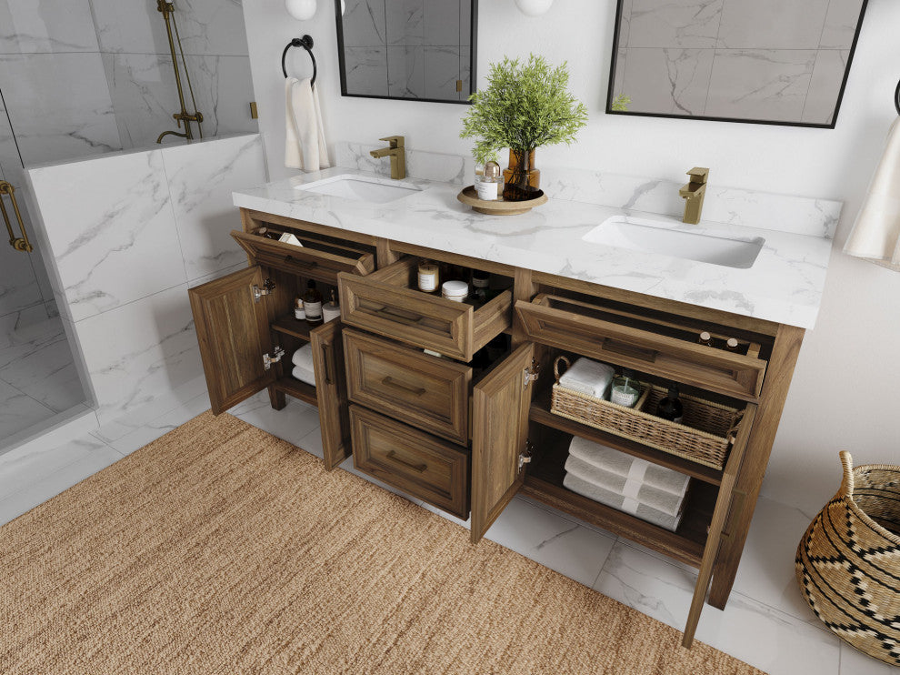 Santa Monica 72 Double Sink Bath Vanity in Graywashed Teak 2" Calacatta Laza