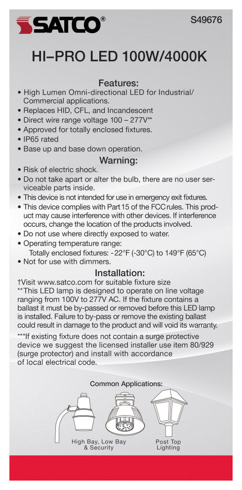 100W LED HID Replacement, 4000K, Extended Mogul Base, Type B Ballast Bypass