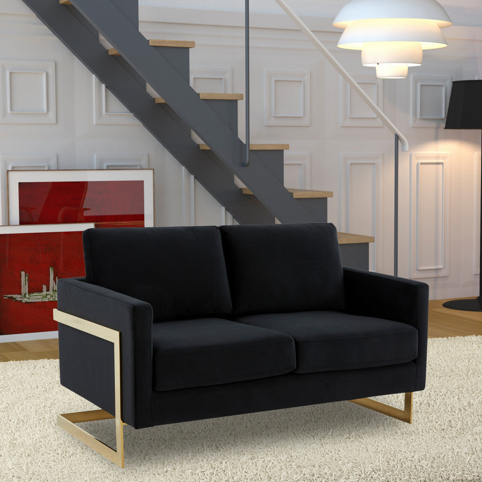 LeisureMod LA55BL Lincoln Midnight Black Mid-Century Velvet Loveseat Gold Frame