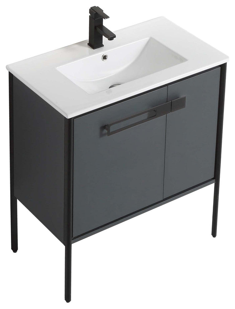 Oakville Bath Vanity, Ceramic Sink, Onix Grey, 30 Inch, Black Hardware