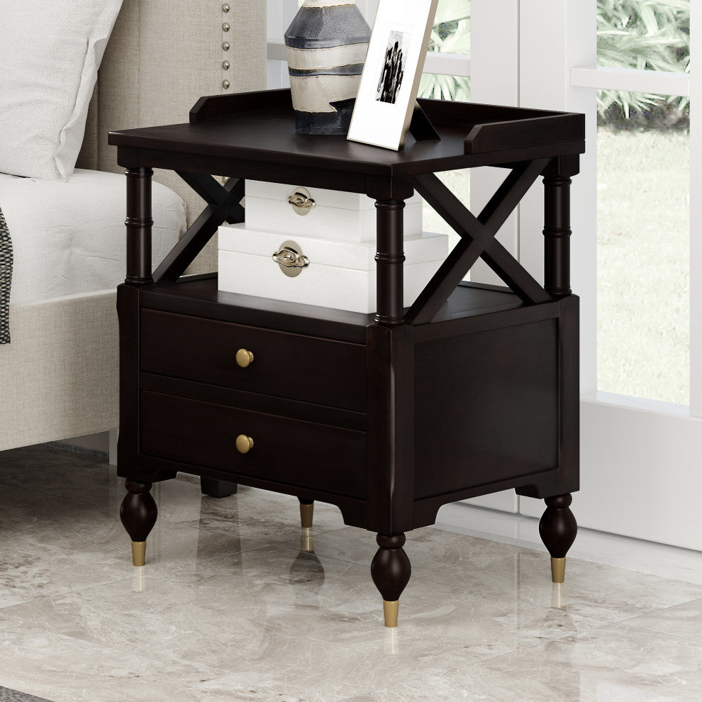 2-Drawer Solid Wood Nightstand with Open Shelf, Espresso, 27" Tall