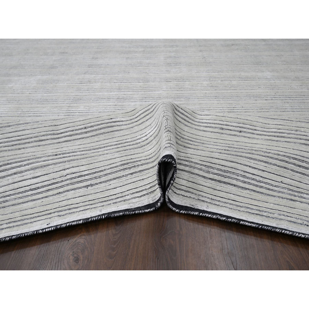 Ivory and Black Wool and Silk Hand Loomed Modern Oversize Oriental Rug 12'2"x15'