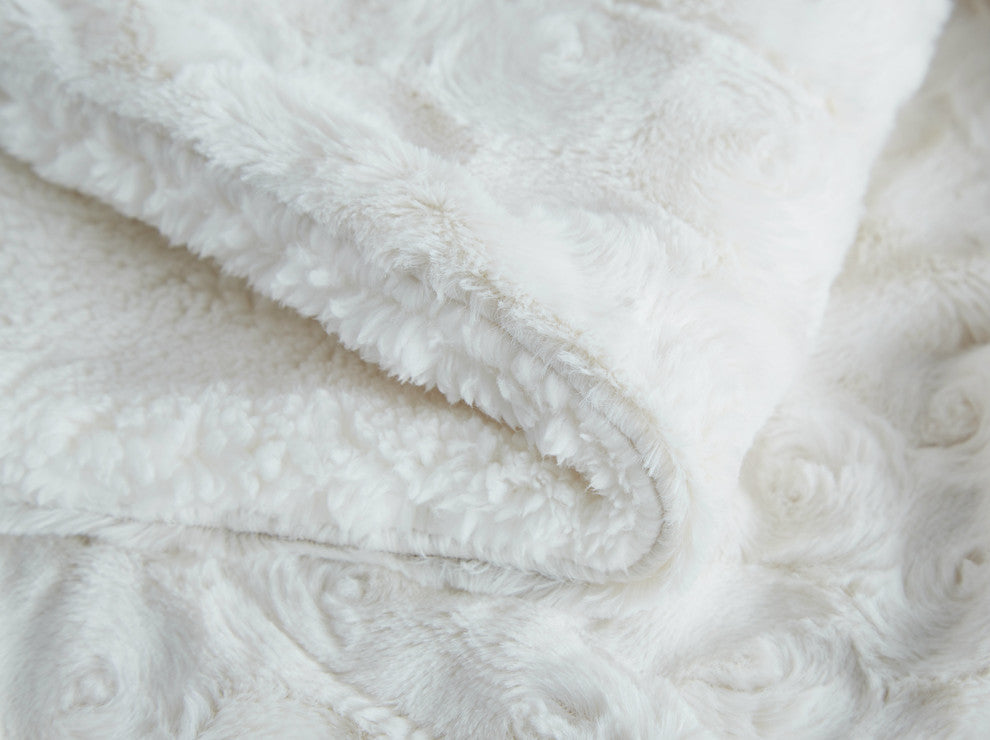 Roses Fur Sherpa Fleece Blanket, White Petal, 63x87