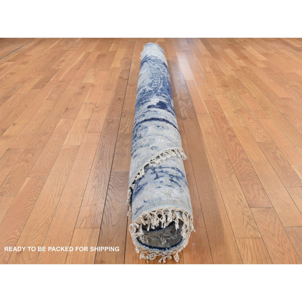 Millennium Blue Wool Silk Shibori Design Hand Knotted Round Rug 7'10" x 7'10"