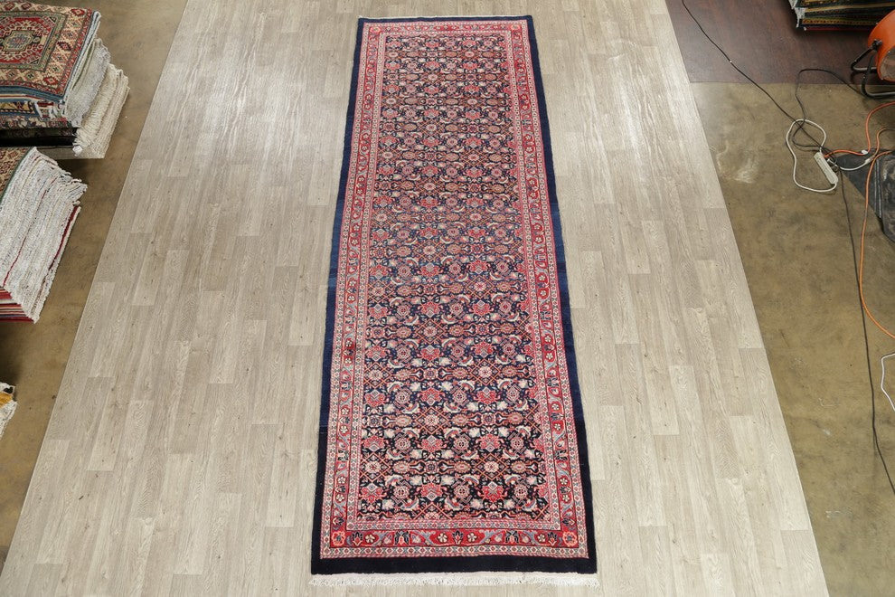 Consigned, Vintage Wool Handmade Persian Oriental Runner Rug, Blue, 13'6"X4'8"