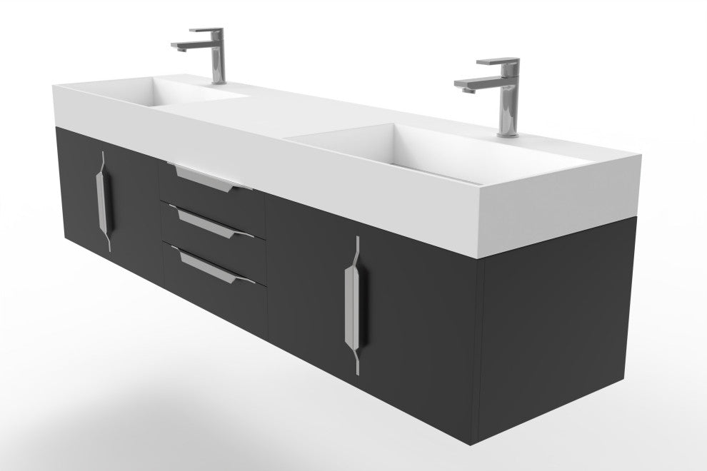 CastelloUSA Amazon 72" Wall Mounted Vanity Set, Black, White Top, Chrome Handles