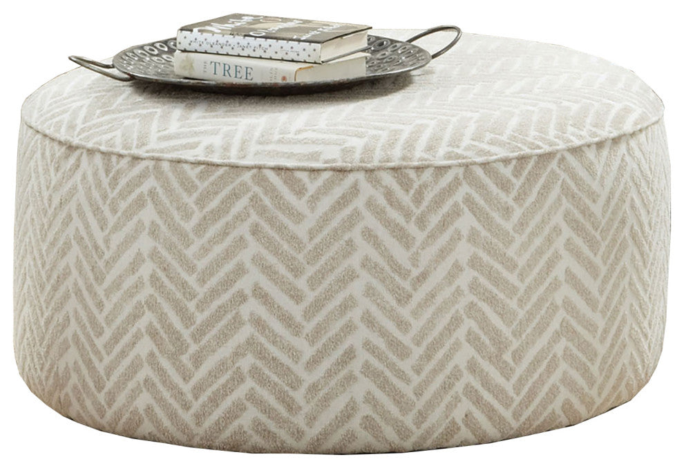 Chenille Upholstered Round Ottoman, Line Multi