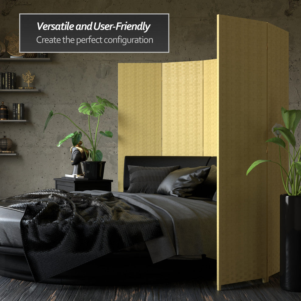 6' Tall Woven Fiber Room Divider, 4 Panel, Dark Beige