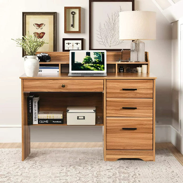 Traditional Desk, Hardwood Frame With Storage Drawers & Open Comparments, Brown