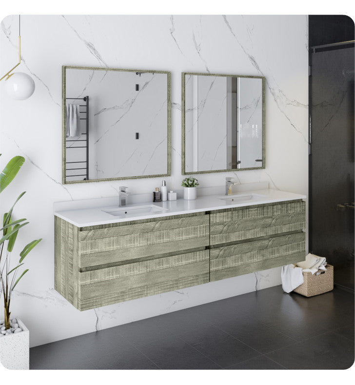 Fresca Formosa Wall Hung Double Sink Bathroom Vanity with Mirrors, Sage Gray, 72"