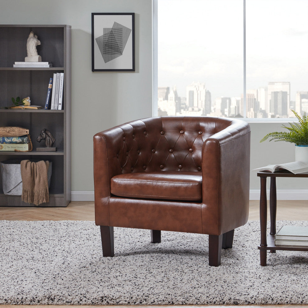 Upholstered Tufted Barrel Chair Roll Armrest Accent Chair, Caramel
