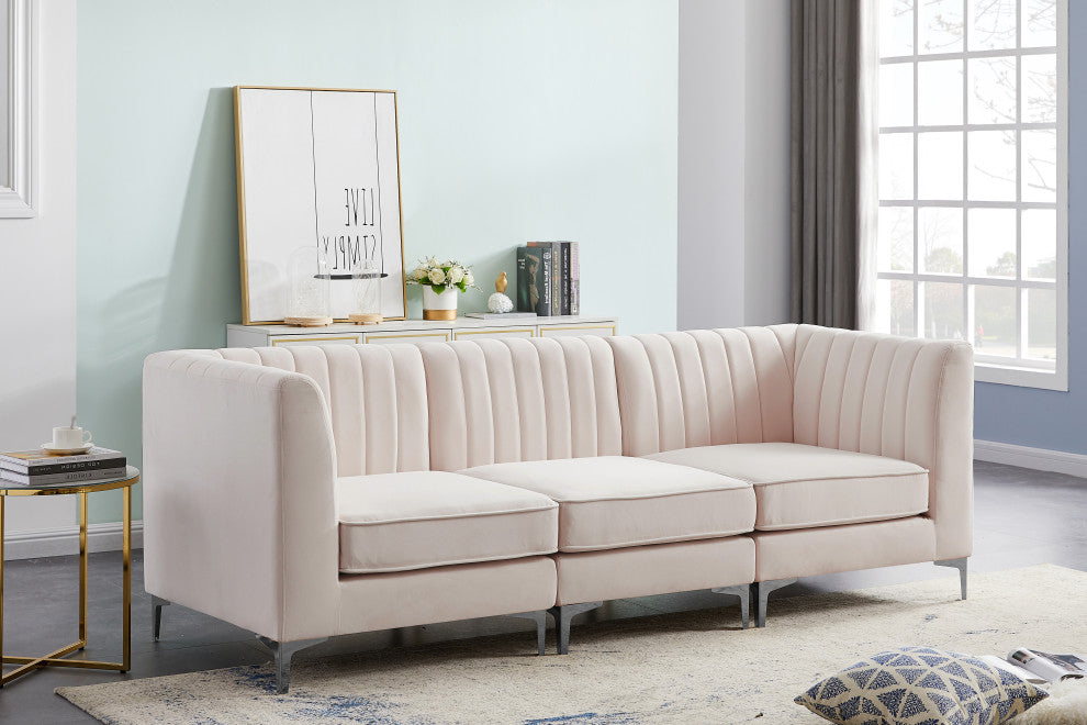 Alina Velvet Upholstered 3-Piece Modular Sectional, Pink