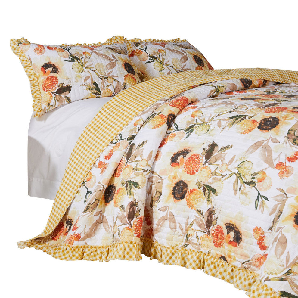Benzara BM293498 Twin Quilt Set With Pillow Sham, Cotton, Ruffled Border, Gold