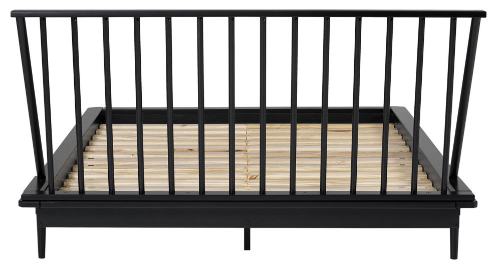 Queen Size Platform Bed, Pine Wood Construction With Spindle Headboard, Black
