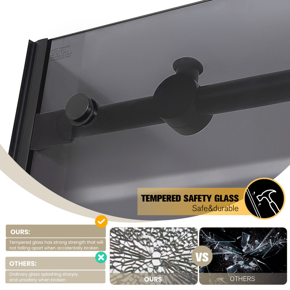 Echarri Single Sliding Frameless Shower Door, Tinted Glass, Matte Black, 68" W X 78"h