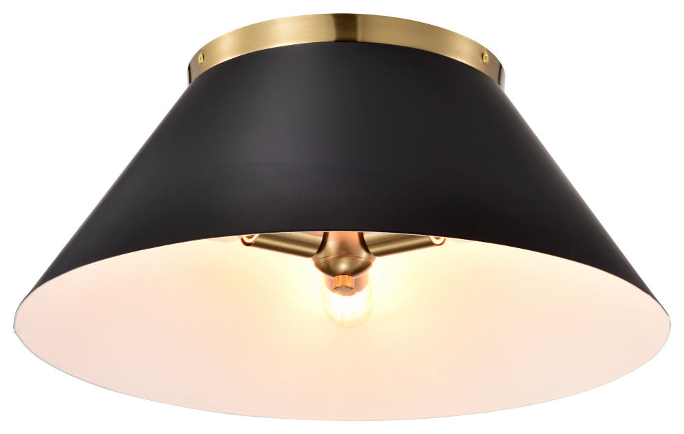 Dover 3-Light Large Flush Mount Fixture, Black With Vintage Brass