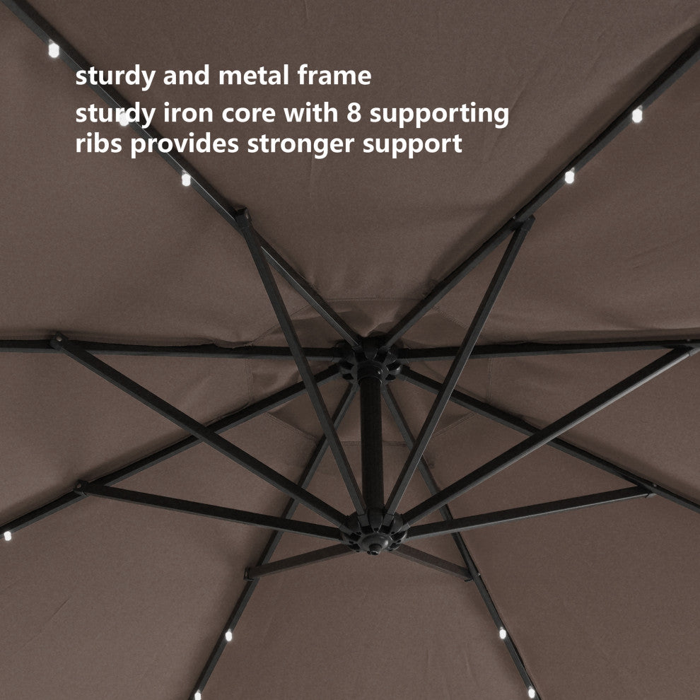 10' Steel Patio Hanging Cantilever Umbrella With 32 Solar LED Lights, Brown