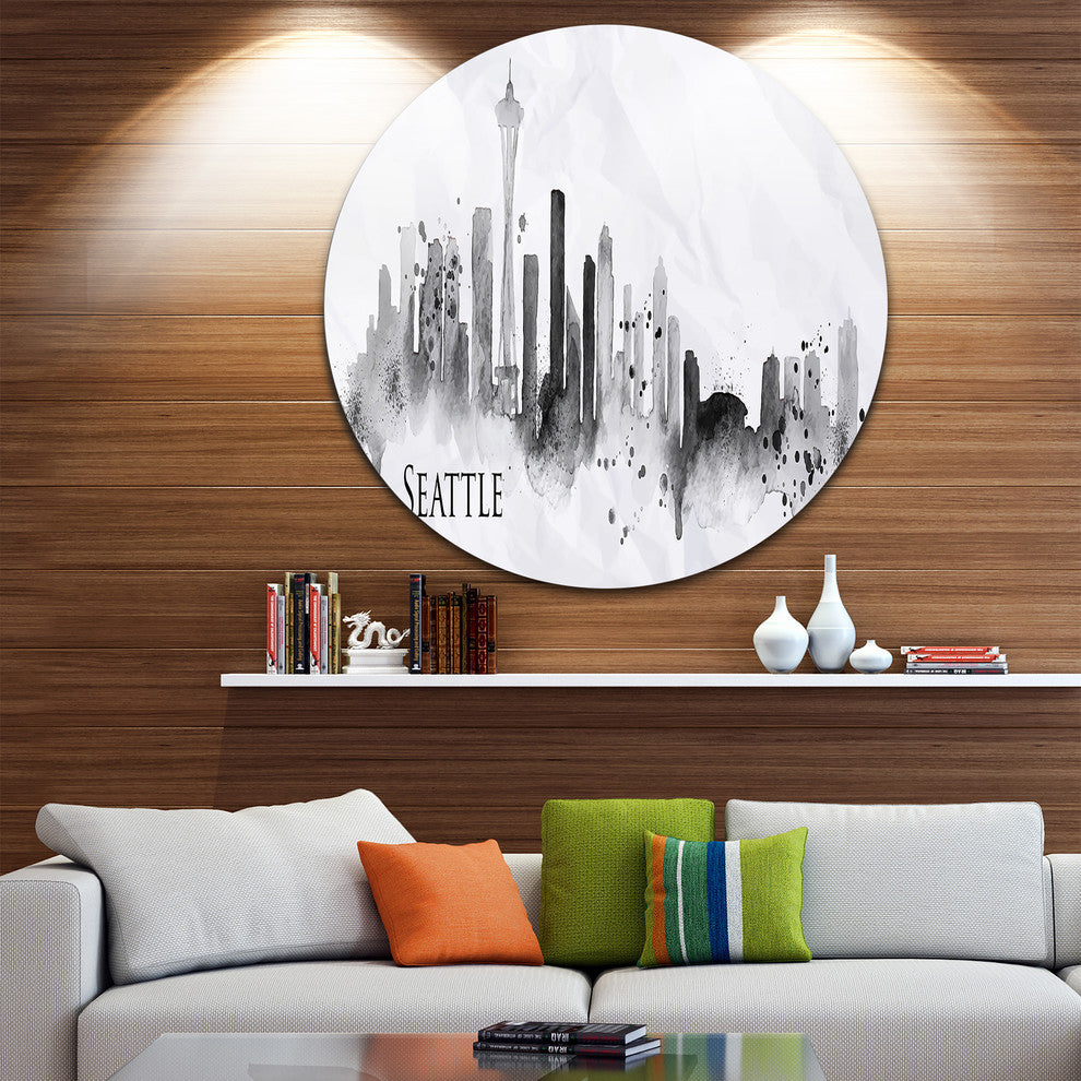 Seattle Black Silhouette, Cityscape Painting Disc Metal Artwork, 36"