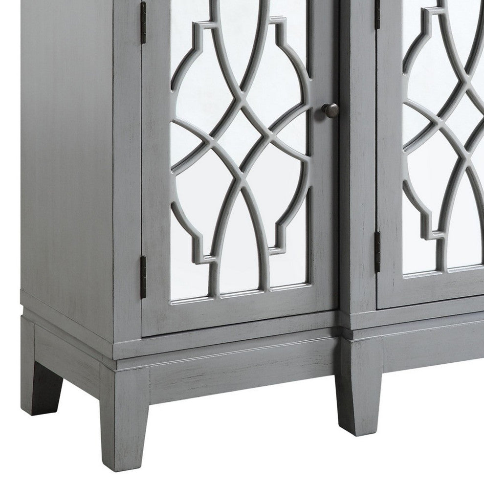 Benzara BM251334 Console Table With 4 Glass Doors and Geometric Front, Gray