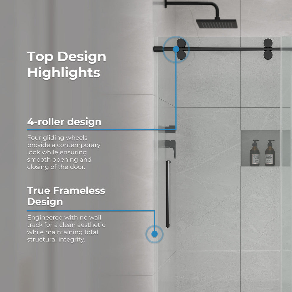 Reva Frameless Sliding Clear Alcove Shower Door, Black, 60"
