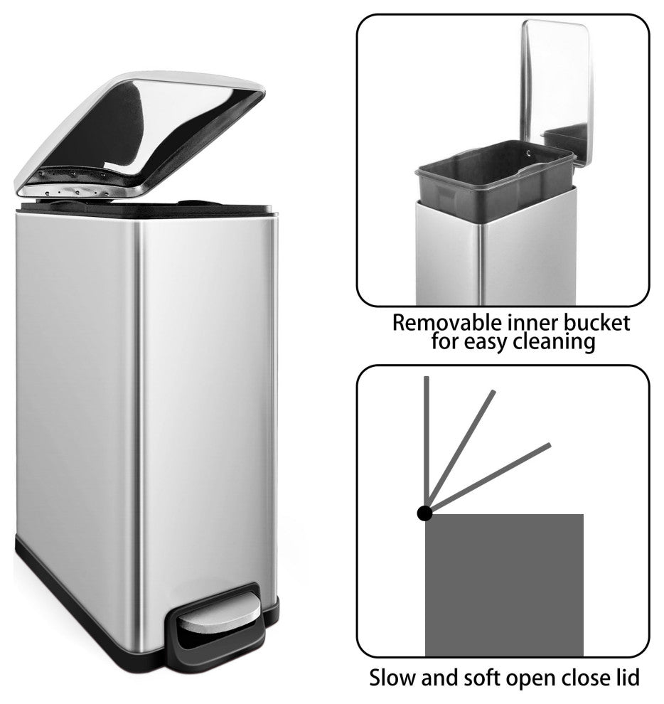 2.6 Gal Fingerprint Free Stainless Steel Slim Rectangular Step-on Trash Can