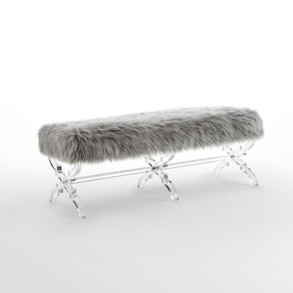 Enzo Faux Fur Acrylic X-Leg Bench, Gray