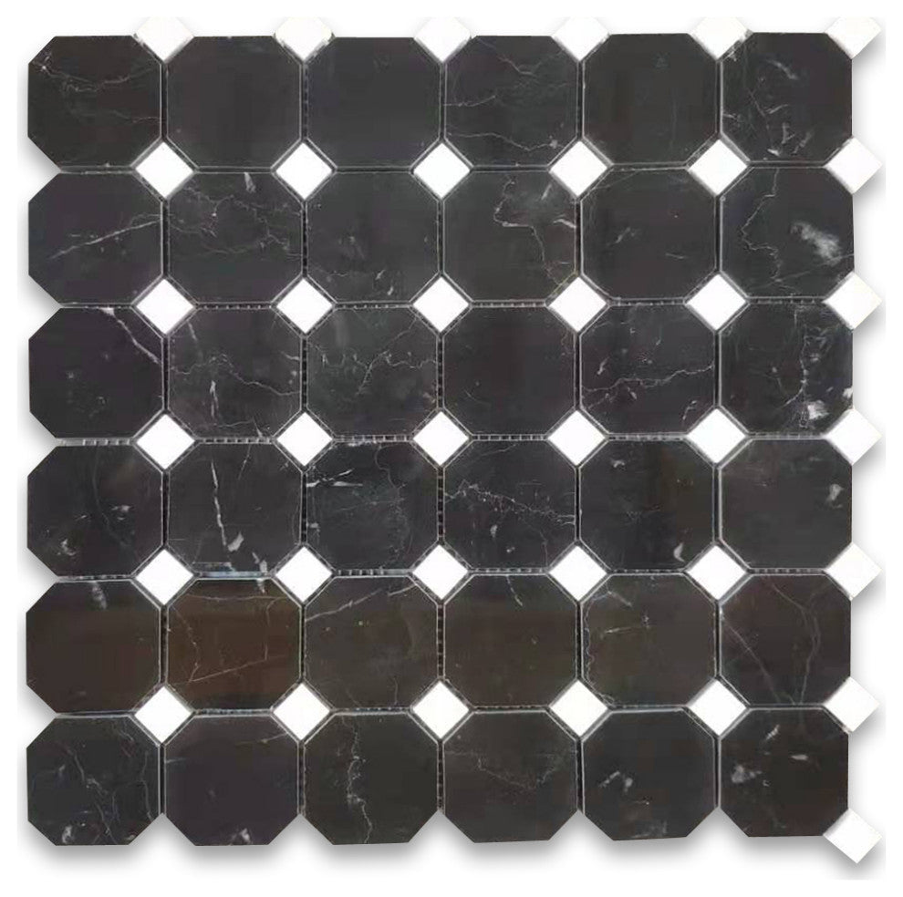 Nero Marquina Black Marble 2" Octagon Mosaic Tile Thassos White Polish, 1 sheet
