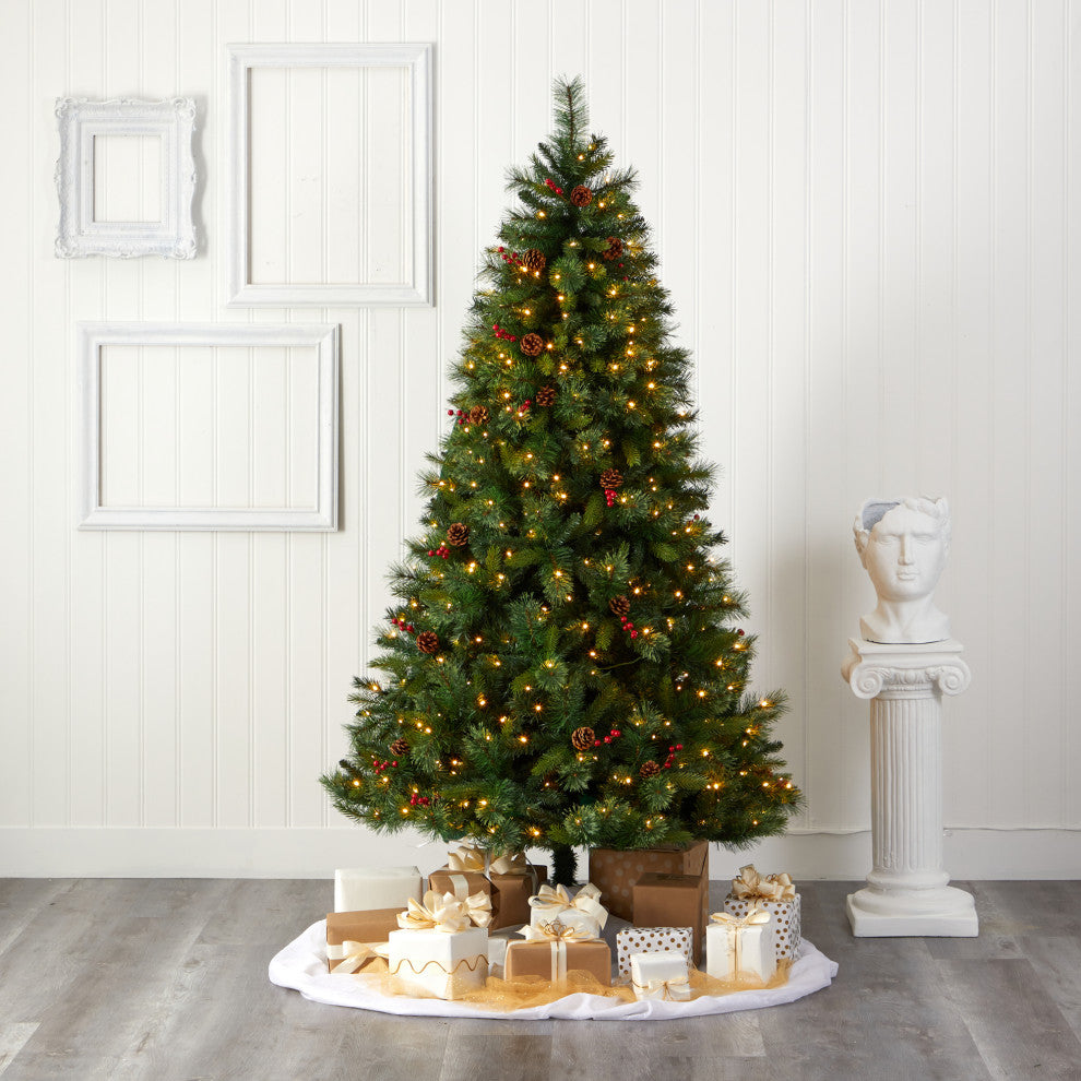 7' Aberdeen Spruce Faux Xmas Tree With 500 Clear Lights, Pinecones & Red Berries