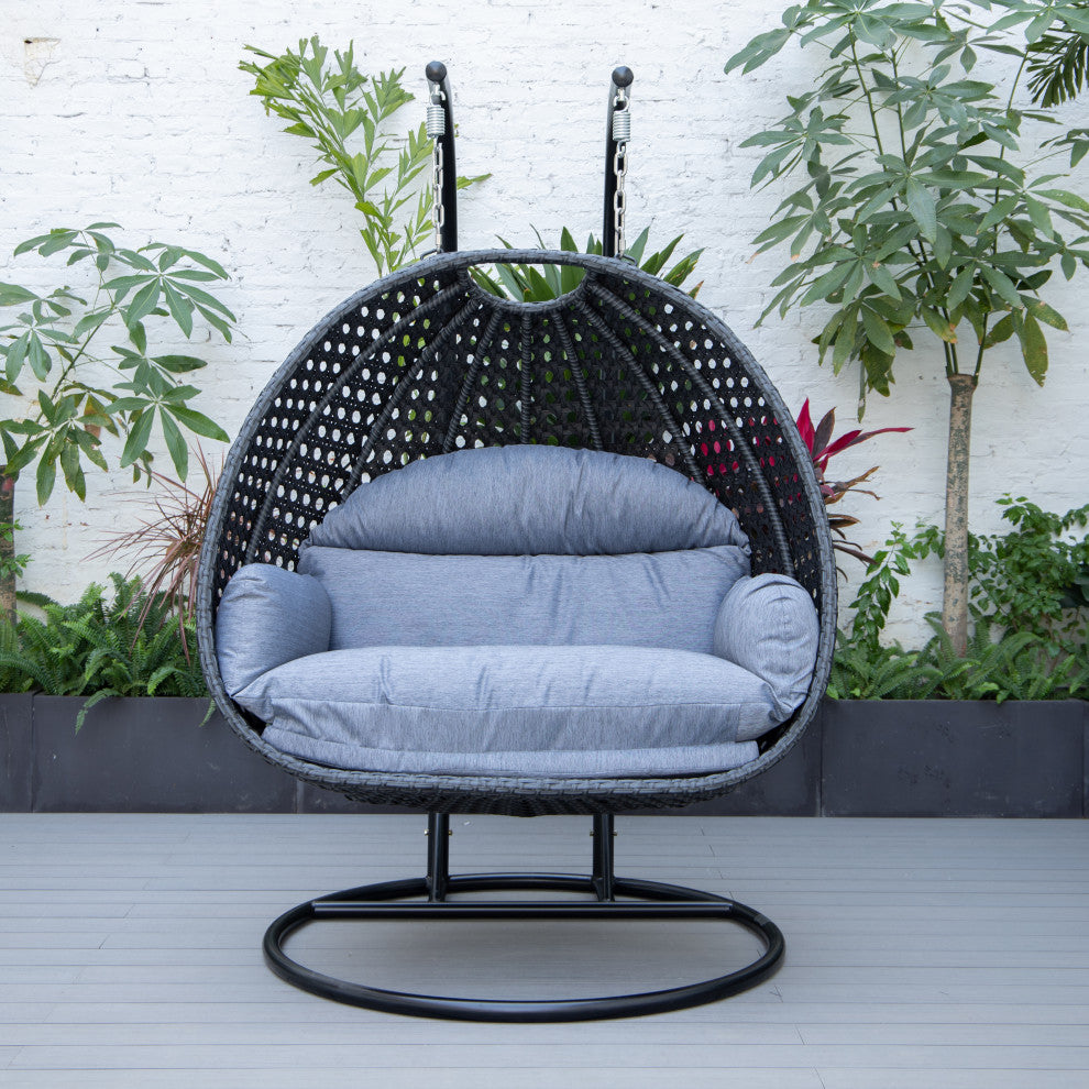LeisureMod Mendoza Charcoal Wicker Hanging Double Egg Swing Chair, Charcoal