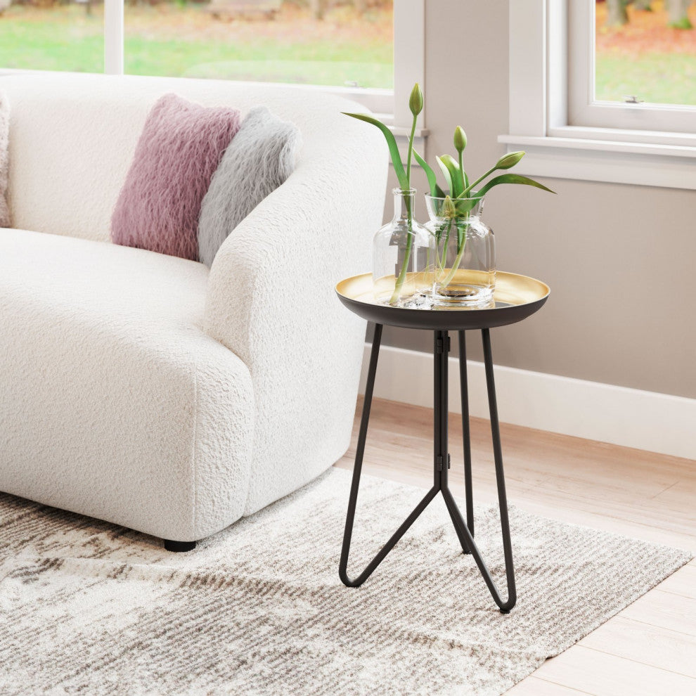 Sofa Side Table, Round, Glass, Steel Metal, Gold, Black, Lounge Hospitality