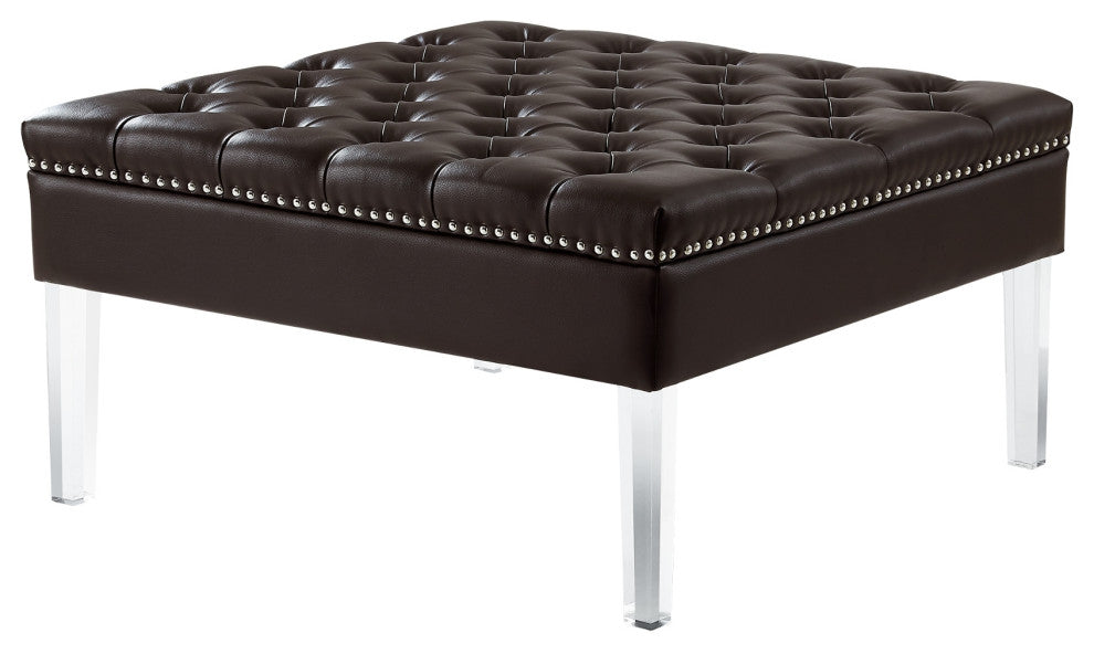 Fernanda PU Leather Tufted with Nailhead Trim  Acrylic Legs Ottoman, Espresso