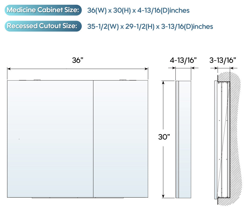 Recessed/Surface Mount Bathroom Medicine Cabinet, Soft-Close Blum Hinges, 36"x30", Dual Swing