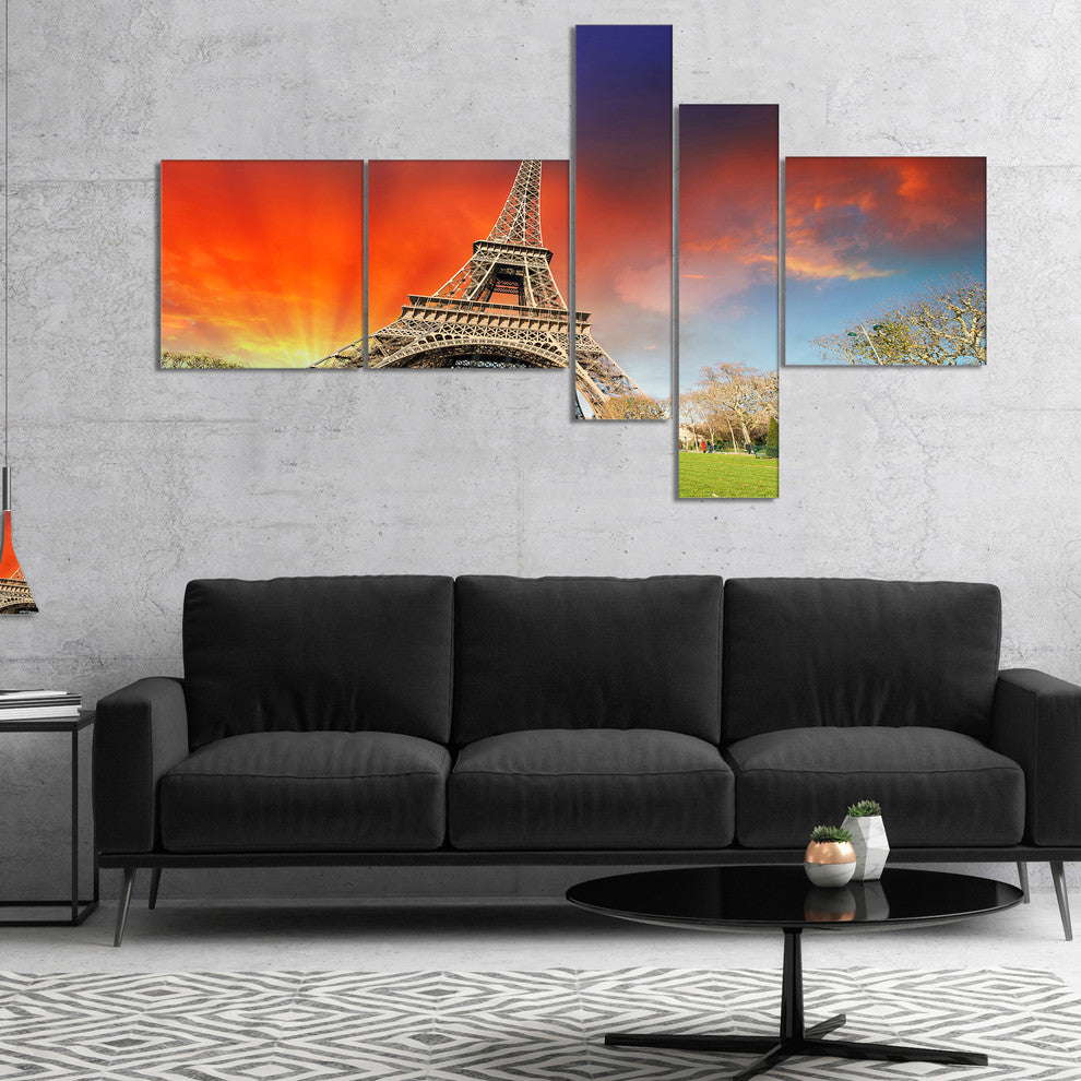 Paris Eiffel TowerUnder Colorful Sky, Landscape Canvas Print, 60"x32", 5 panels