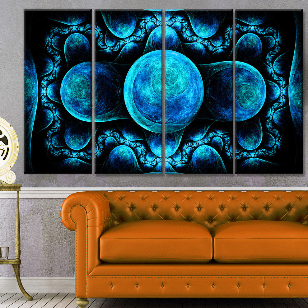 Blue Exotic Pattern on Black, Abstract Art on Canvas, 48"x28", 4 Panels