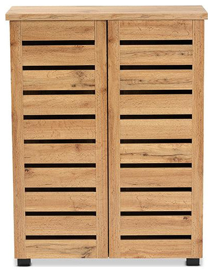 Oak Brown Finished Wood 2-Door Shoe Storage Cabinet