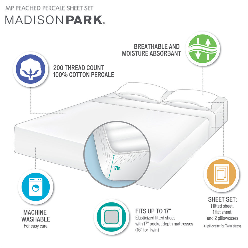 Madison Park Peached Percale Cotton Peached Percale Sheet Set, Purple