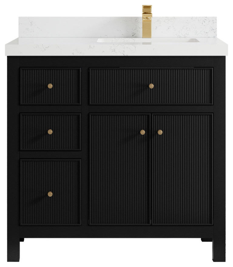 Sonoma 36 Right Offset Reeded Bath Vanity in Black 2" Empira White