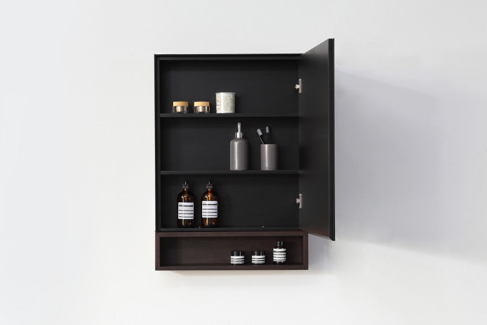 Bergen Modern Medicine Cabinet, Matte Black Frame, Dark Walnut Shelf, 24"