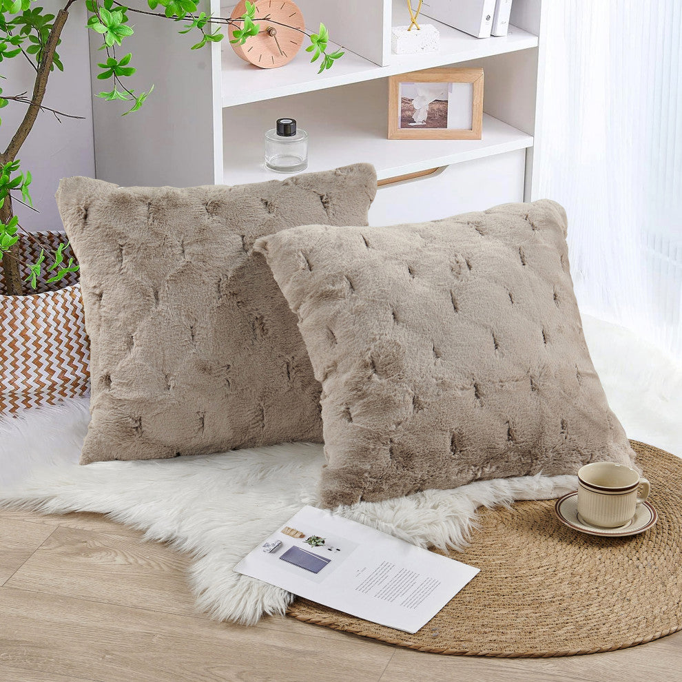 Jacquard Rabbit Faux Fur Pillow Cover 2 Piece Set, Taupe, 20" X 20"